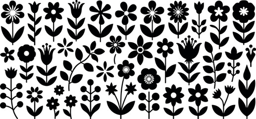 Minimalist black flower silhouettes vector set scandinavian style floral elements collection isolated on white background © Rafad_Studio