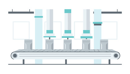 Fototapeta premium Automated industrial packaging machinery with vertical pistons pressing containers down onto a conveyor belt system in a modern factory setting.