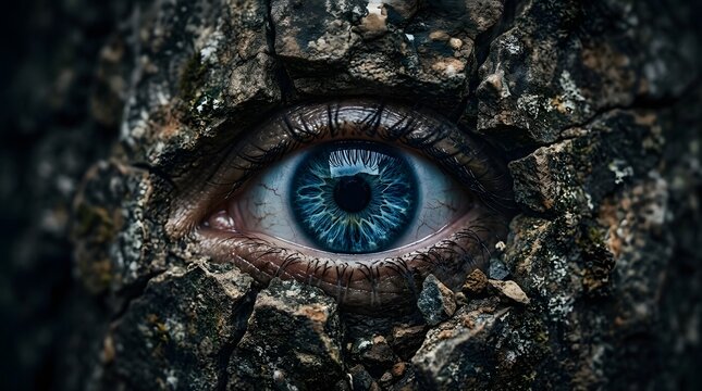 A captivating macro close-up of a piercing blue human eye embedded within the rough, weathered texture of ancient, cracked tree bark in nature.