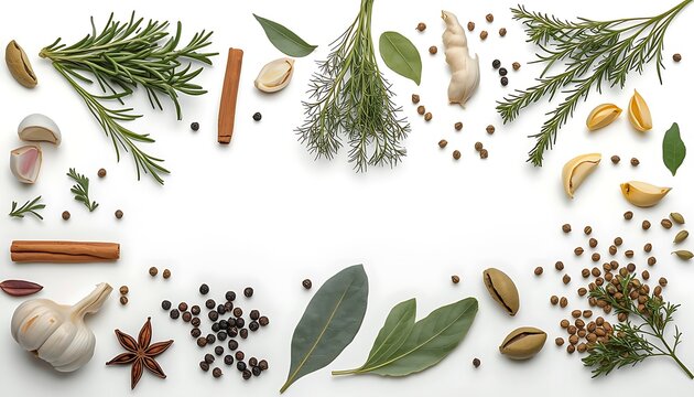 Top down flat lay photography of fresh aromatic cooking herbs and dry spices arranged on a white background with a natural organic culinary style