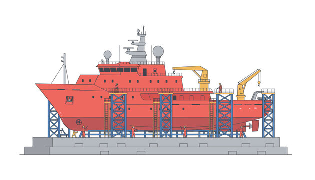 Large red ship undergoing maintenance in a shipyard dry dock supported by blue scaffolding and structural steel frames.