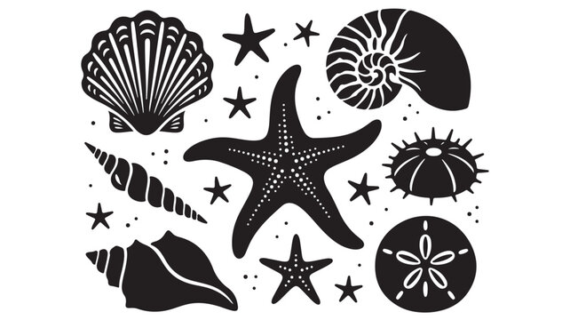 Black seashell silhouette vector set, nautical ocean life icons with starfish and scallop shells, minimalist sea creature illustrations for summer beach branding