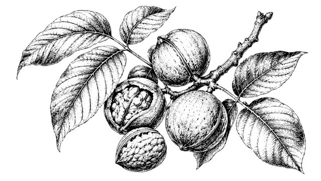 Highly detailed botanical illustration of walnut fruits growing on a leafy branch, showcasing natural textures for educational, agricultural, and botanical themed projects.