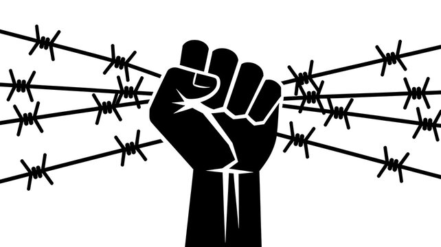 Revolutionary raised fist breaking through barbed wire, protest symbol, activism icon, black silhouette