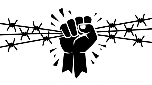 Black clenched fist breaking through barbed wire, protest symbol, activism icon, black and white graphic