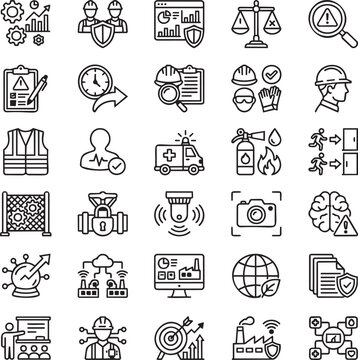 Industrial Safety Analytics Line Icons Set for Workplace Safety Monitoring, EHS Management, Industry 4.0 UI UX Vector Pack
