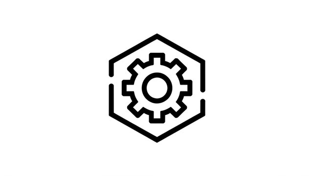 gear, cog, hexagon, icon, symbol, black, line art, minimalist, industrial, mechanical