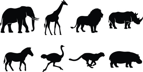 Collection of African safari animal silhouettes including elephant giraffe lion rhinoceros zebra ostrich cheetah and hippopotamus isolated on white background © Foredul