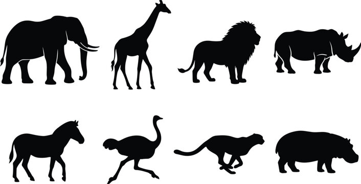 Collection of African safari animal silhouettes including elephant giraffe lion rhinoceros zebra ostrich cheetah and hippopotamus isolated on white background