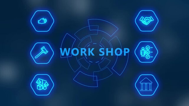 Glowing neon workshop circle animation featuring business and technology icons ,Education concept. Training. Leadership skills. Human abilities. Internet, business .