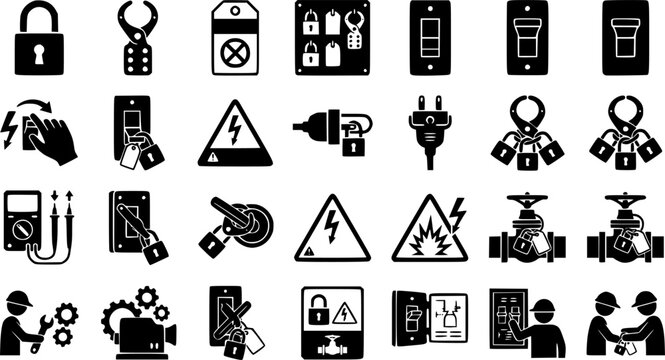 Set of black lockout tagout (LOTO) icons showing electrical safety procedures, padlocks, warning signs, and maintenance. Perfect for industrial workplace safety manuals and training guides