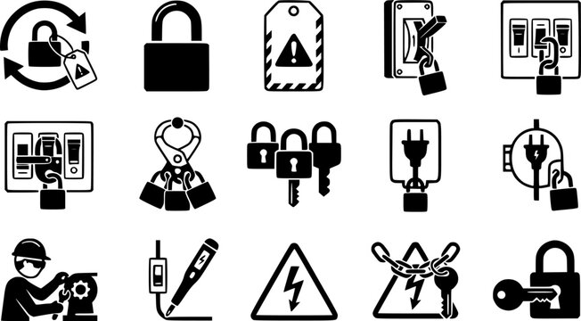 Set of black lockout tagout (LOTO) icons showing electrical safety procedures, padlocks, warning signs, and maintenance. Perfect for industrial workplace safety manuals and training guides