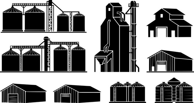 Black silhouette icons of agricultural grain silos, farm storage buildings, and industrial elevator structures isolated on white.

