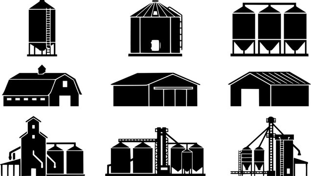 Black silhouette icons of agricultural grain silos, farm storage buildings, and industrial elevator structures isolated on white.
