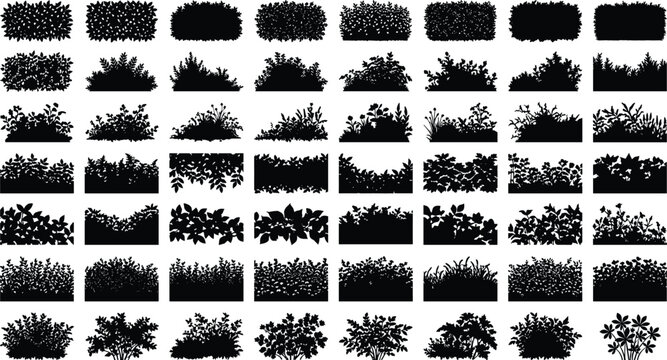 Collection of black silhouette bushes, hedges, and grass borders for landscape design and architectural visualization