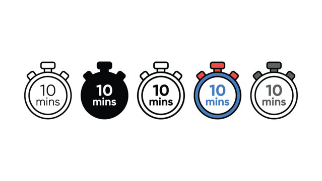 Ten minutes timer icons in various colors on transparent background