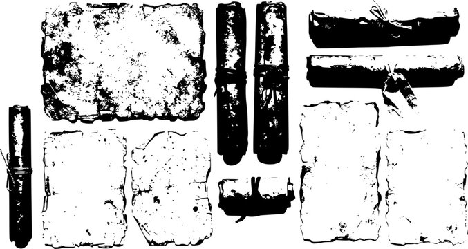 Collection of vintage parchment scrolls and aged paper sheets with ragged edges isolated on white. Ideal for antique maps, scrolls, and retro designs.
