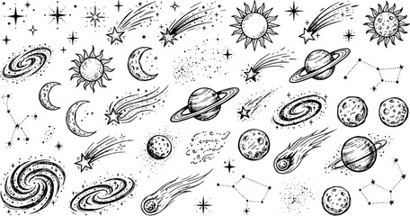Collection of hand-drawn celestial doodles including planets stars moons and galaxies for astronomical illustration patterns with astronomy universe celestial handdrawn astrology © Kanon Islam