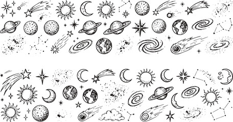 Set of hand-drawn space and celestial elements featuring planets stars moons galaxies and comets for decorative astronomy designs astronomy universe celestial handdrawn astrology © Kanon Islam