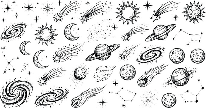 Collection of hand-drawn celestial doodles including planets stars moons and galaxies for astronomical illustration patterns with astronomy universe celestial handdrawn astrology