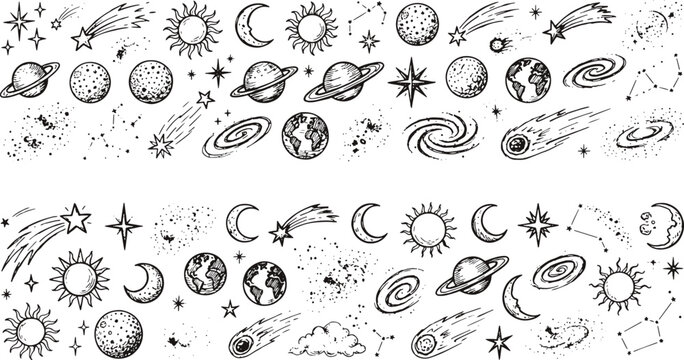Set of hand-drawn space and celestial elements featuring planets stars moons galaxies and comets for decorative astronomy designs astronomy universe celestial handdrawn astrology
