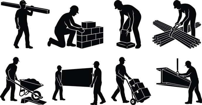 Collection of construction worker and laborer silhouettes performing manual building tasks lifting materials and logistics work isolated on white background