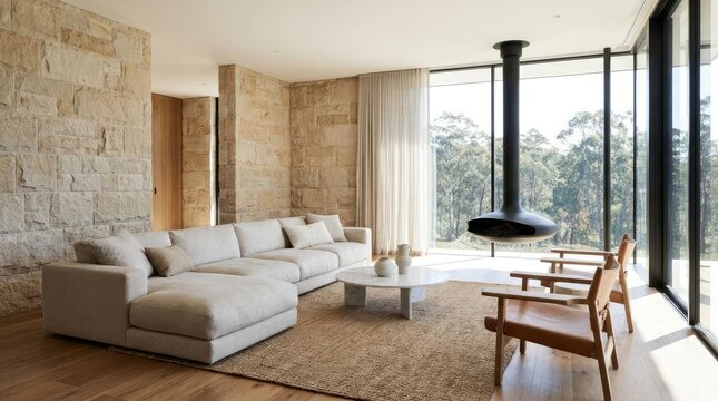 Modern minimalist living room with panoramic mountain views.