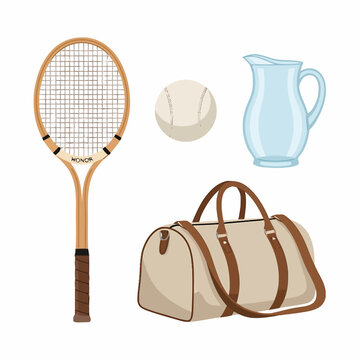 Vintage Tennis Gear and Duffle Bag with Water Pitcher - Retro Sport Equipment Illustration