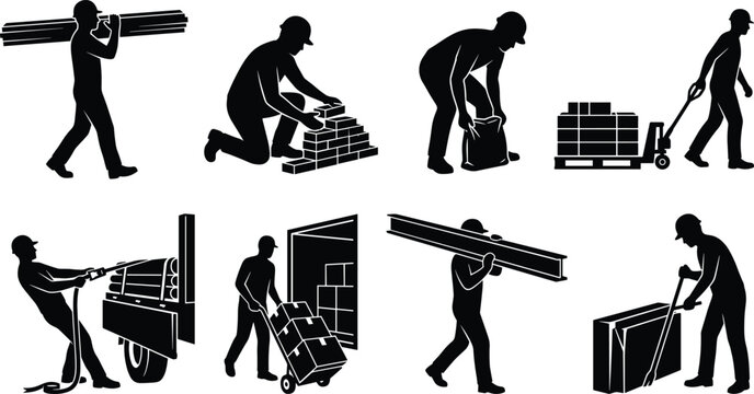 Collection of construction worker and laborer silhouettes performing various manual building and logistics tasks isolated on white background