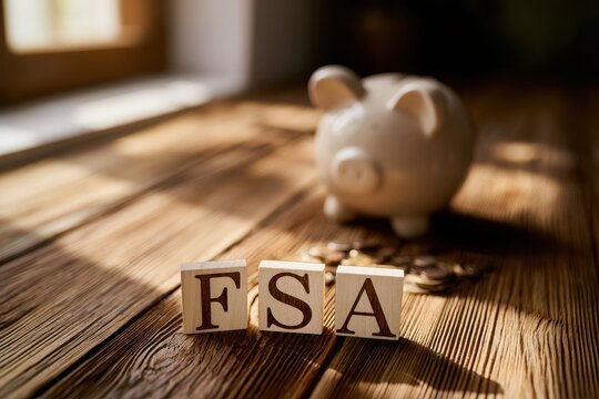 Still life of wooden letter blocks spelling FSA with a piggy bank and coins on a warm wooden desk