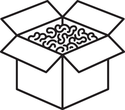 Open cardboard box filled with packing peanuts isolated on white background simple black line art vector