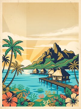Tropical Paradise Sunset Overwater Bungalows Vector Illustration
