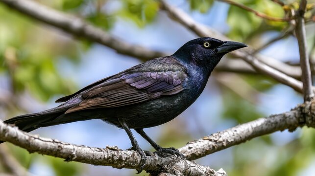 Male common grackle perched on a branch with iridescent plumage in natural light