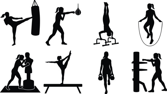 Collection of female fitness and martial arts silhouettes practicing kickboxing gymnastics yoga kettlebell training and skipping rope isolated on white background
