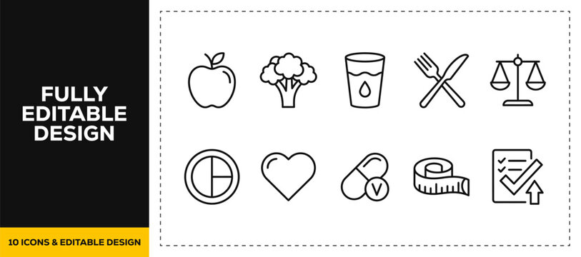 flat vector illustration line art icon bundle set design illustrating healthy lifestyle fitness diet organic food nutrition weight scale and body wellness graphics UI
