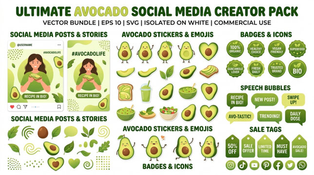 Ultimate avocado social media creator pack vector bundle stickers emojis badges icons speech bubbles sale tags with displays comprehensive collection
