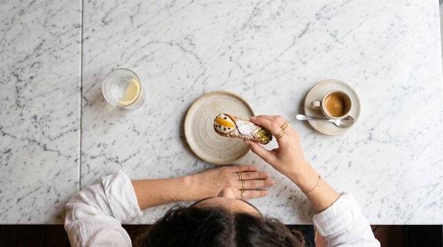 Commercial medium close-up lifestyle photography of a freshly made traditional Italian cannoli dessert &ndash; premium bakery branding, gourmet pastry marketing