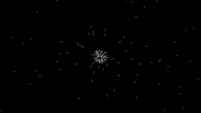 Abstract animation 4k white light particles bursting outward on black background, motion