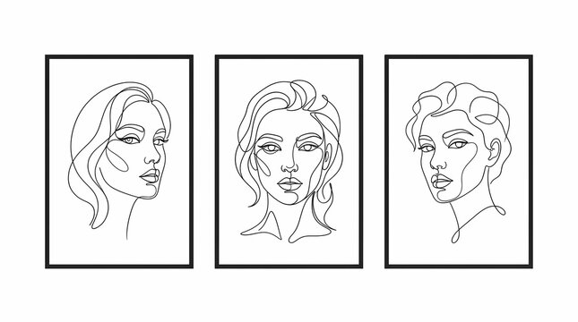 Three framed minimalist line art portraits of women, showcasing abstract continuous line drawings of female faces in a modern artistic style.