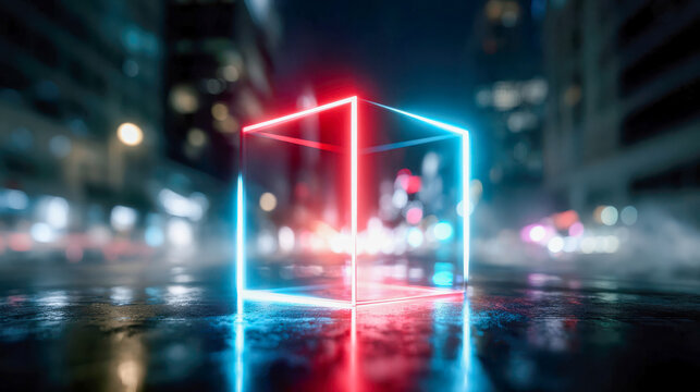 Glowing neon cube in a futuristic city with red and blue light trails, abstract technology background and digital portal concept