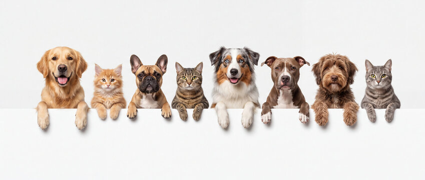 Dogs and cats behind white banner looking directly at the camera in a bright studio setting, providing an ideal blank copy space for a veterinary clinic or pet shop advertisement