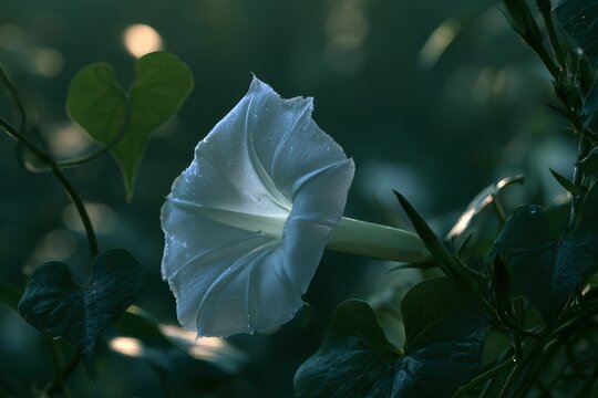 Nocturnal garden scene featuring moonflower trumpet flowers