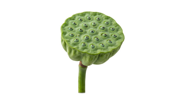 A green lotus seed pod stands tall in a serene natural environment with a single stem.