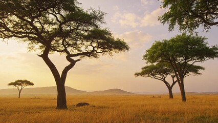 Naklejka premium Majestic acacia trees with lush green canopies dot expansive golden grassland beneath soft pastel sky, suited for conservation and luxury travel marketing.