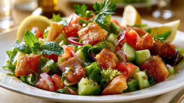 Vibrant fattoush greens with pita croutons, cucumber and tomato, bright herbs, olive oil and lemon dressing