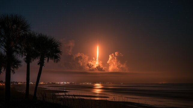 Long-exposure coastal scene of a rocket lift-off above Cocoa Beach, glowing horizon and stars