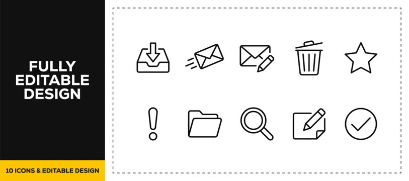 flat vector illustration line art icon bundle set design illustrating digital communication mail messaging email boxes and trash deletion actions graphics for web apps UI