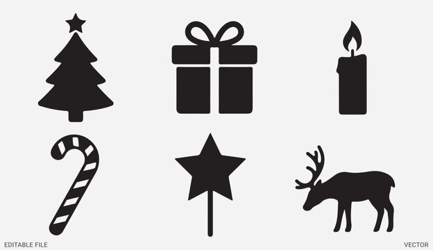 Christmas holiday vector icon silhouettes pack featuring tree gift candle deer and candy cane
