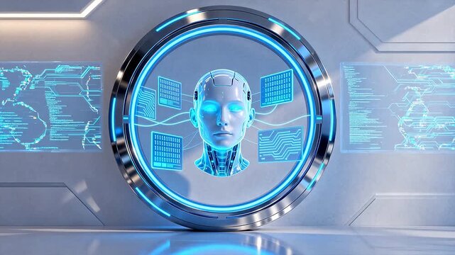 Futuristic AI head in circular frame