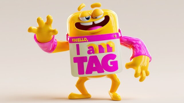 Playful troublemaker character wearing a bright name badge in a vivid 3D illustration